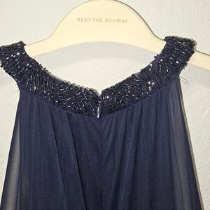 Ralph Lauren Floor Length Navy Beaded Evening Dress Gown With Sheer Neckline